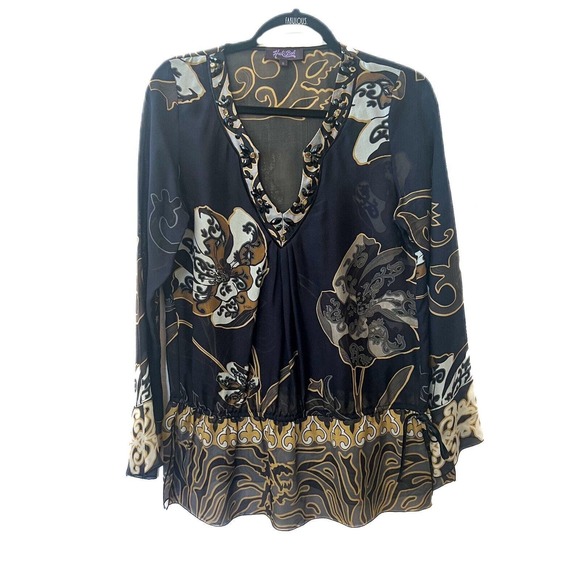 HALE BOB Silk Blouse Sheer Black Abstract Foral Long Sleeve V Neck Jeweled Small - Picture 1 of 9